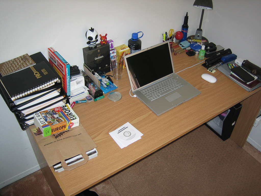 A cluttered desk