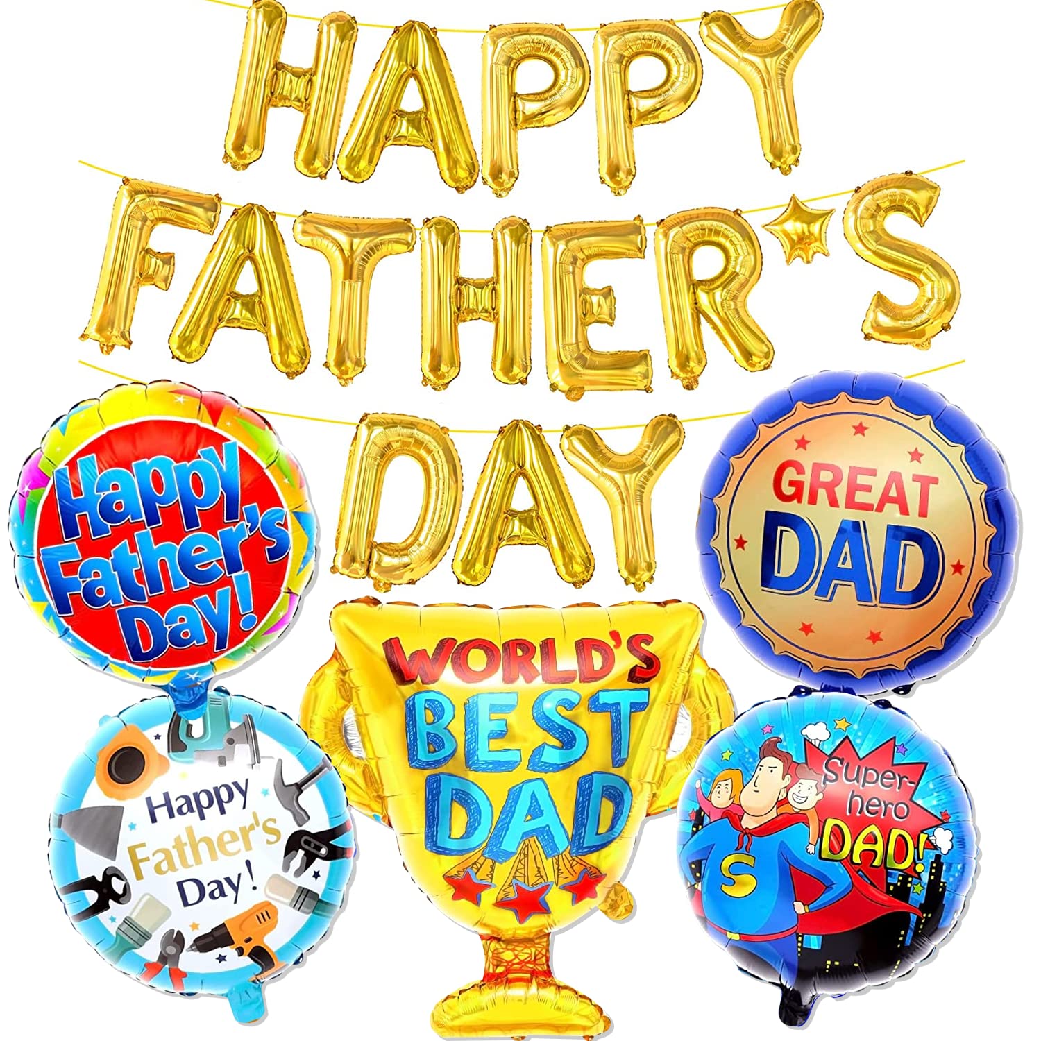 A group of colorful balloons with Happy Father's Day written on them.