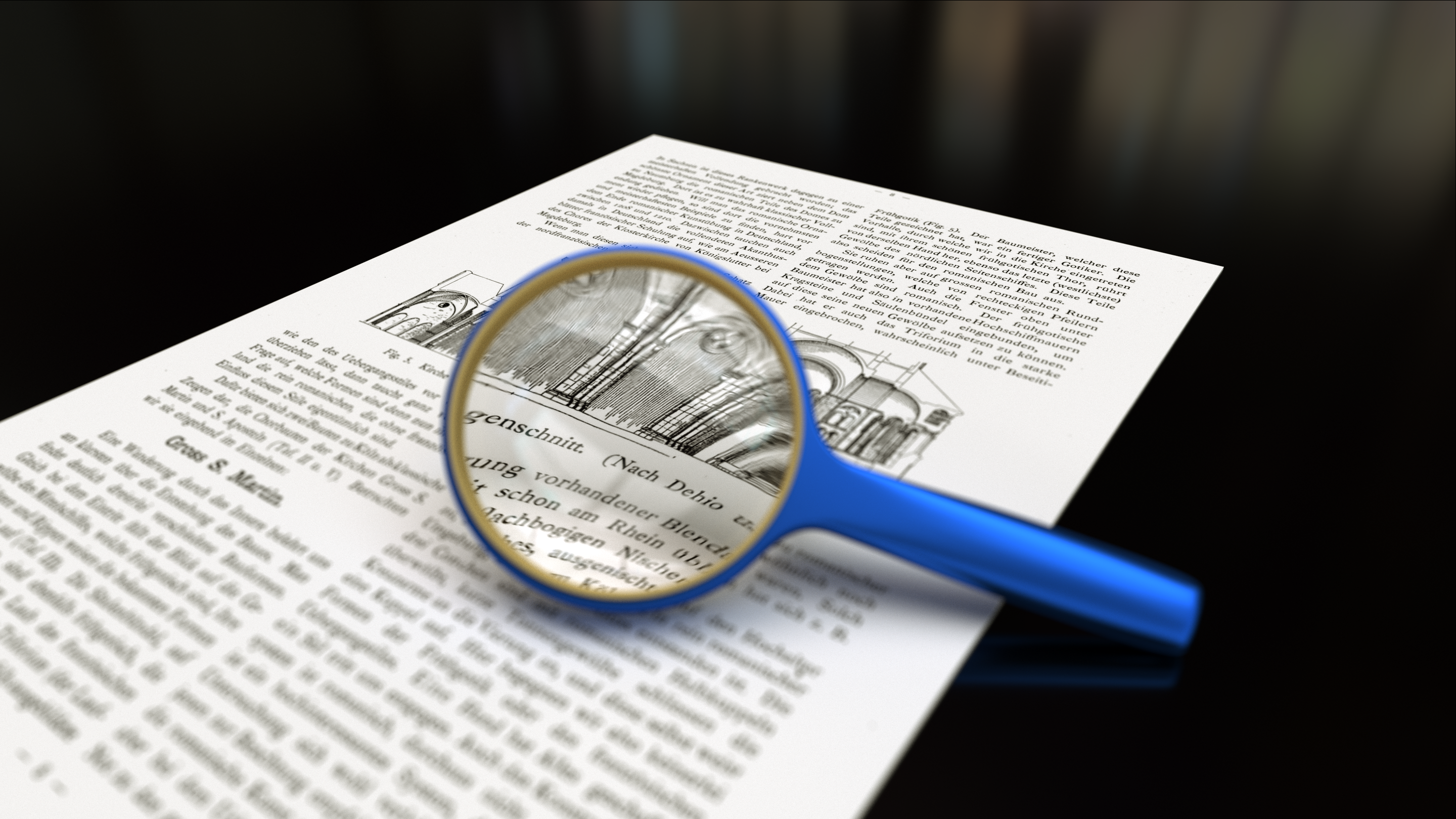 A magnifying glass over a document.
