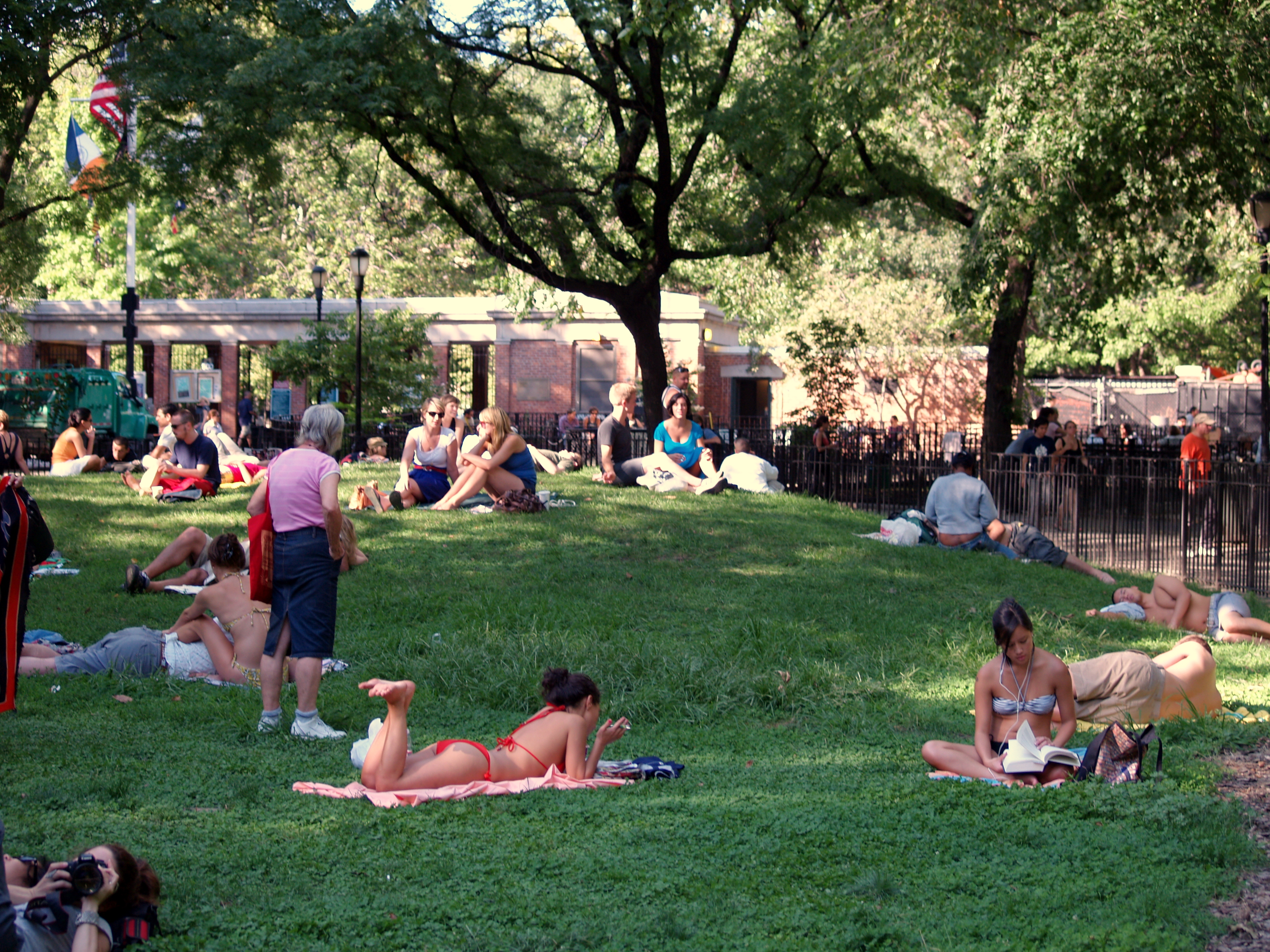 A person enjoying a leisure activity, such as reading a book or relaxing in a park.