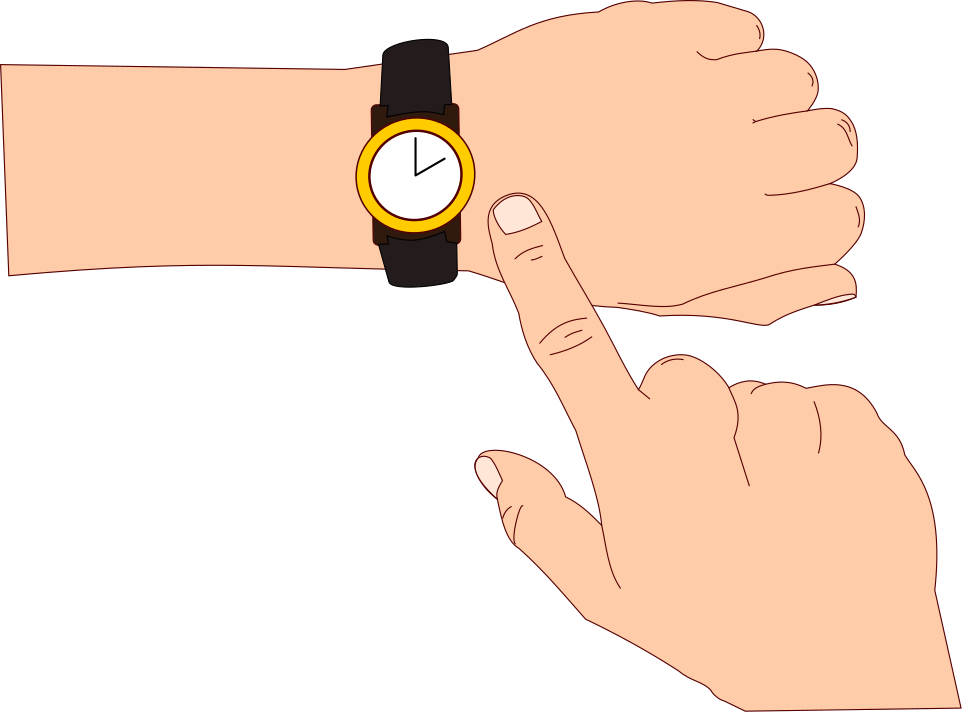 A person pointing at their watch or a clock