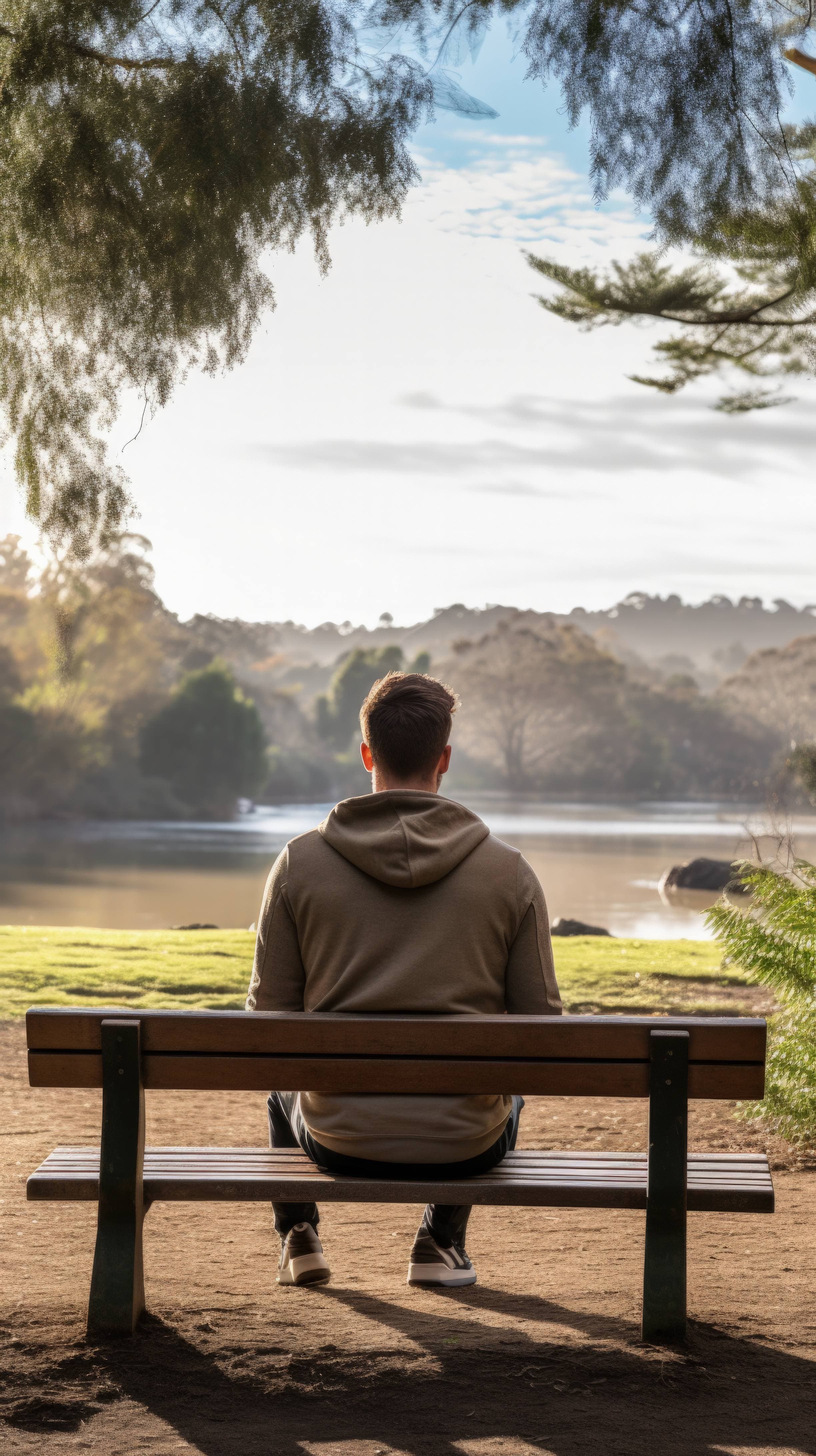 A person sitting alone in a peaceful outdoor setting.