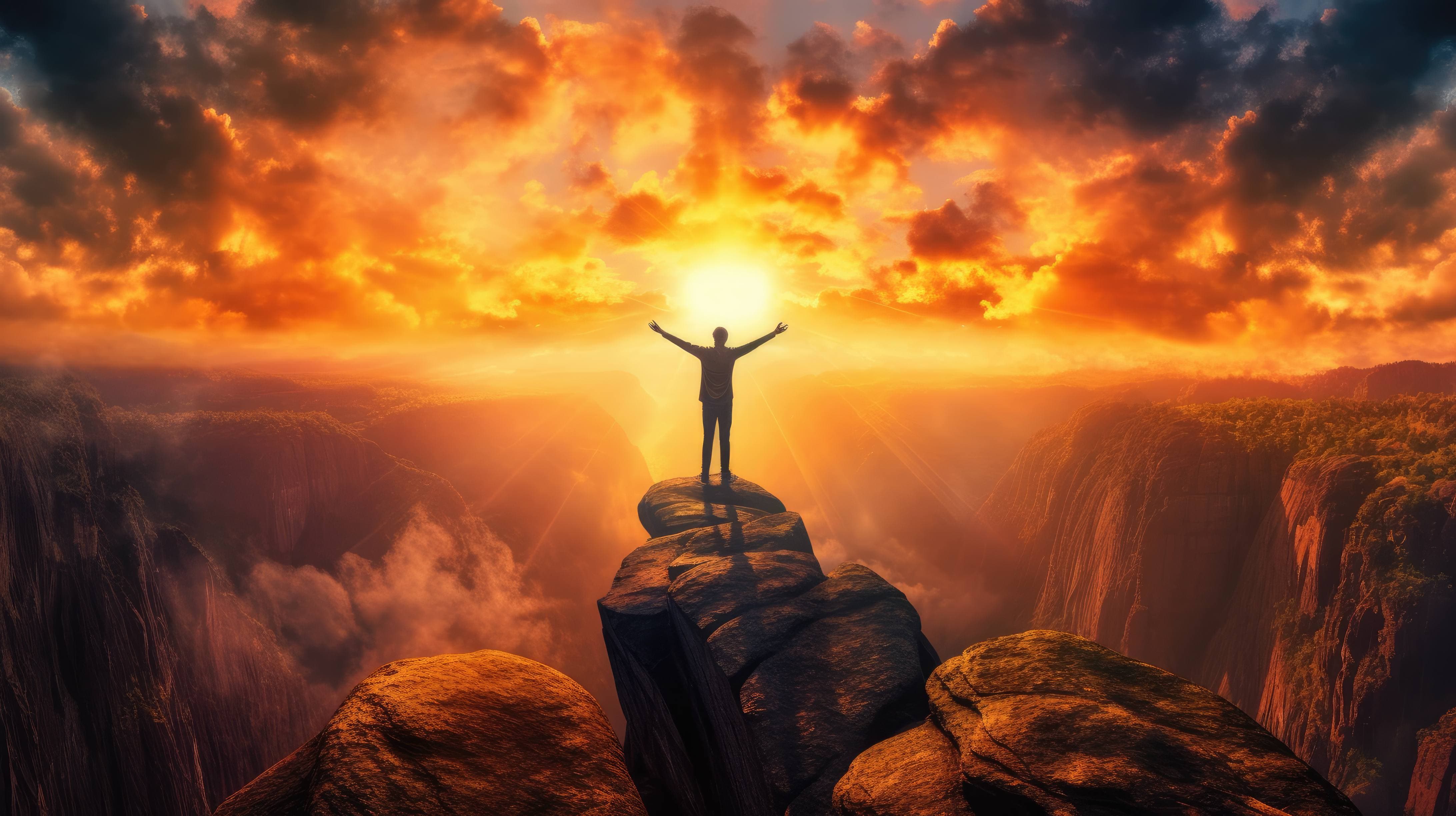 A person standing at the top of a mountain with arms outstretched.