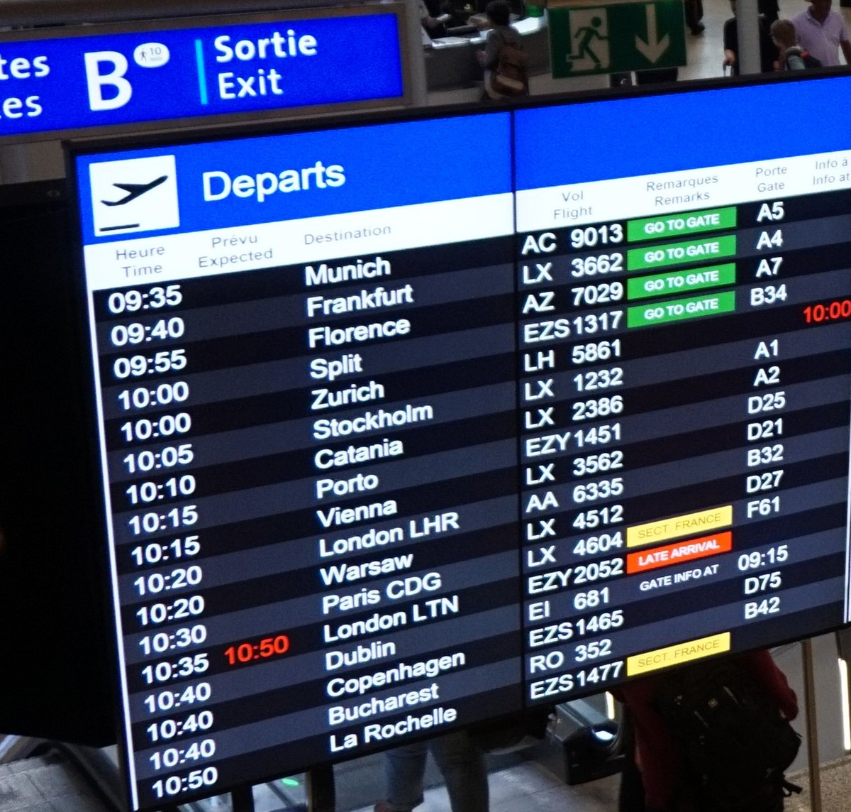 An airport departure board