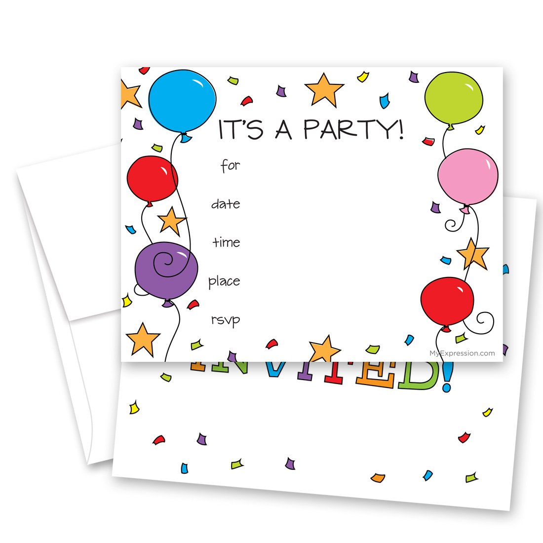 Birthday party invitation with balloons and confetti.