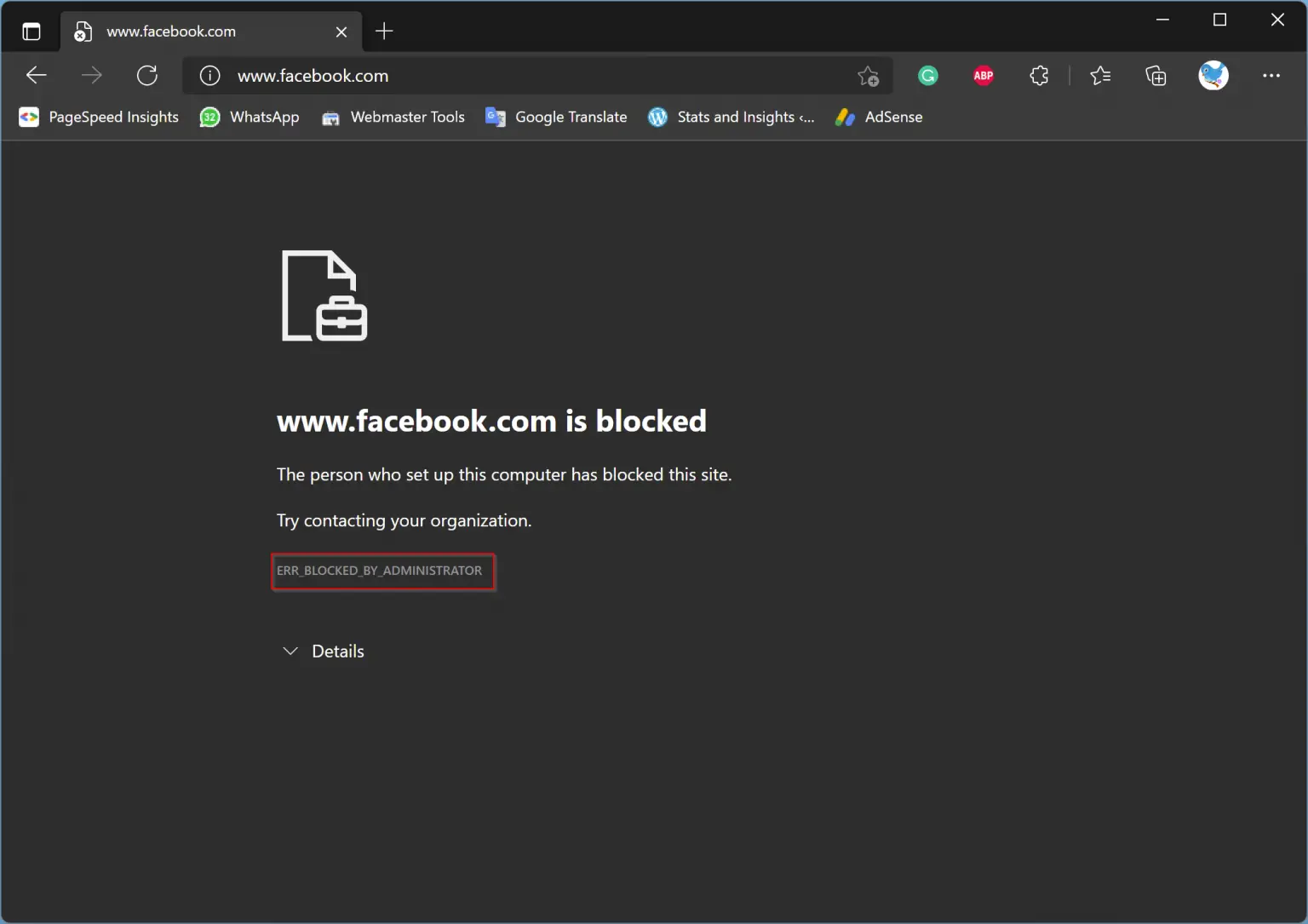 Blocked website message