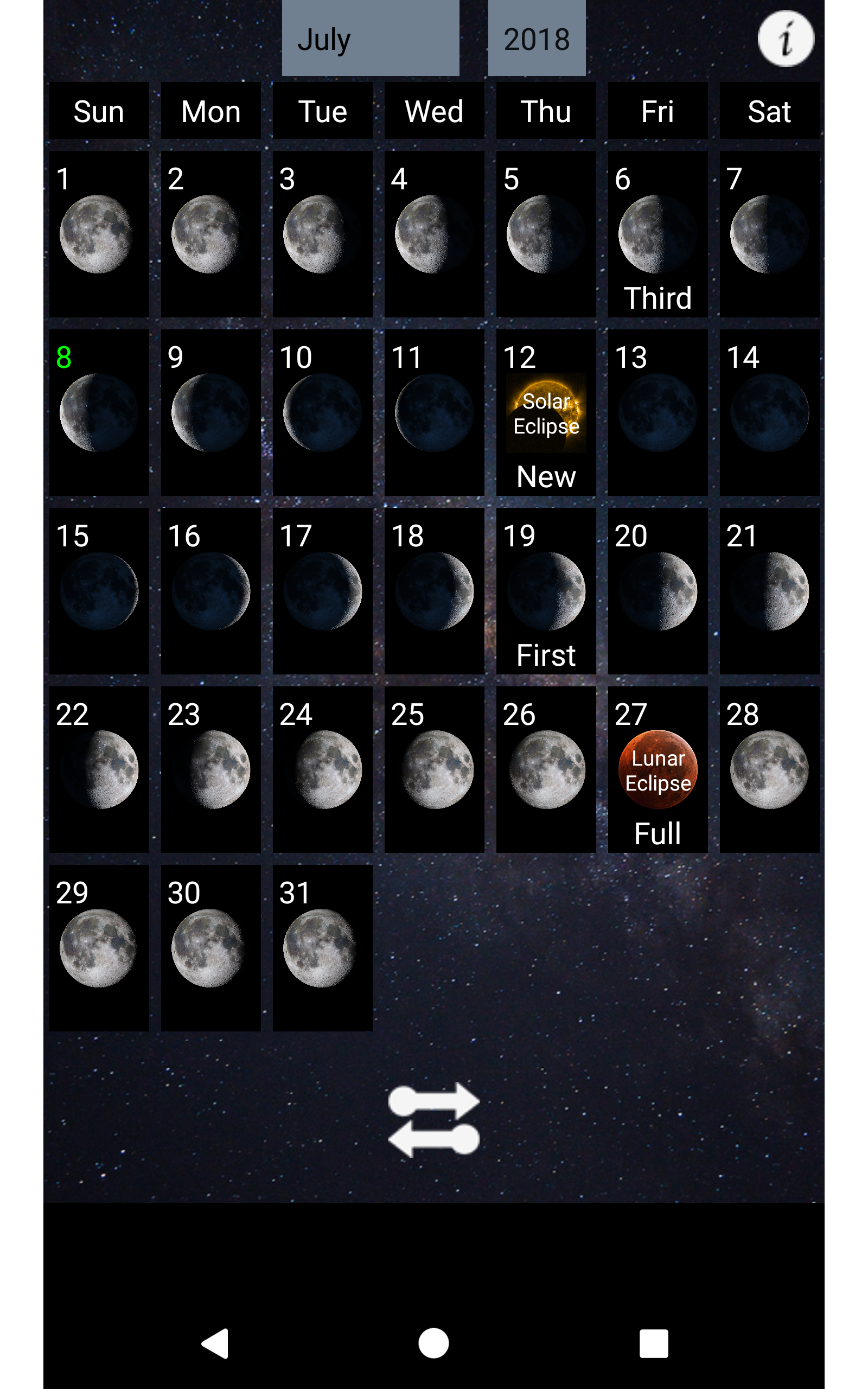 Calendar showing different phases of the moon