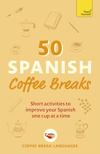 Image of a cup of coffee with a Spanish language textbook beside it