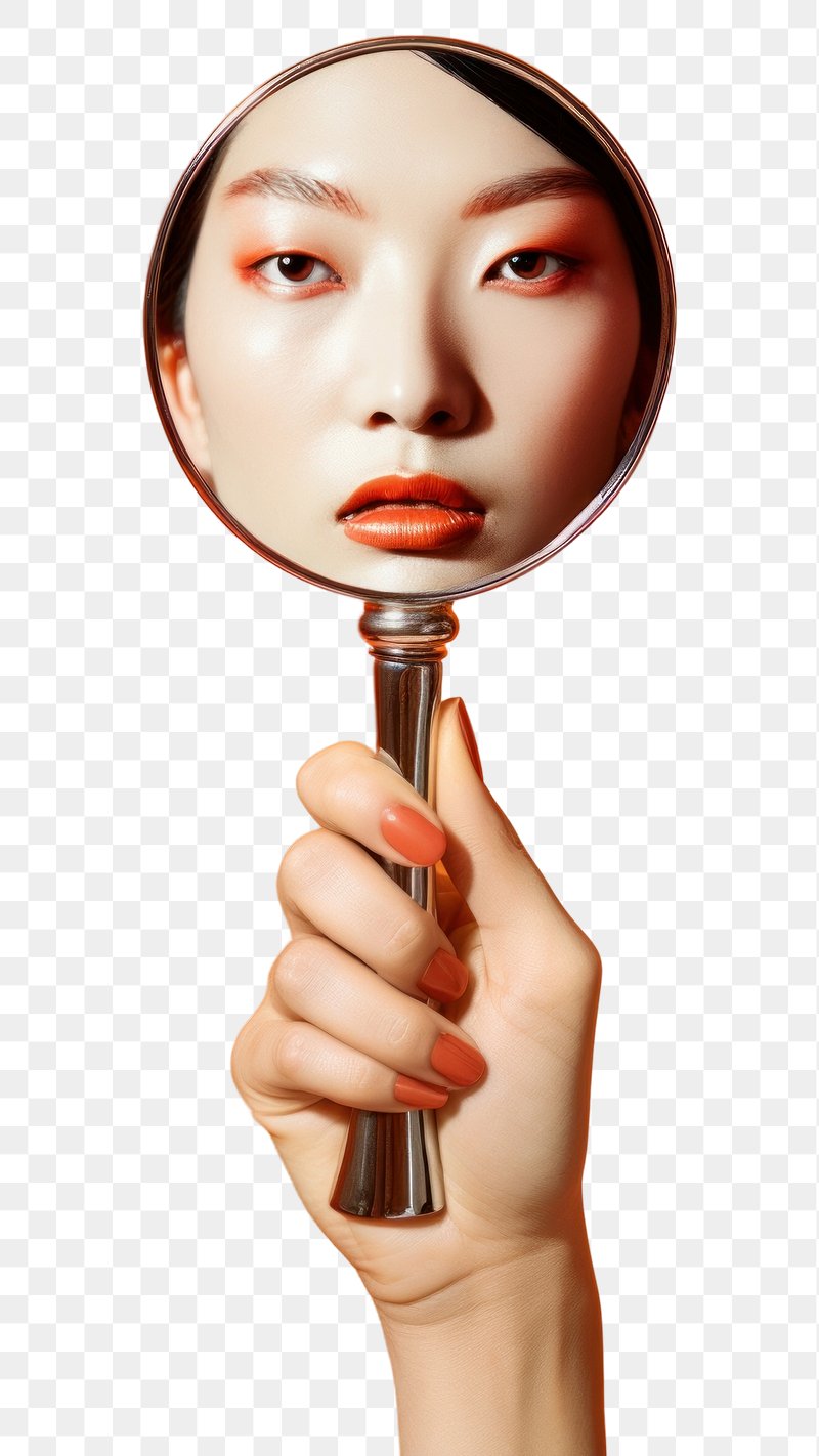 Mirror reflecting lips with a thinking emoji superimposed