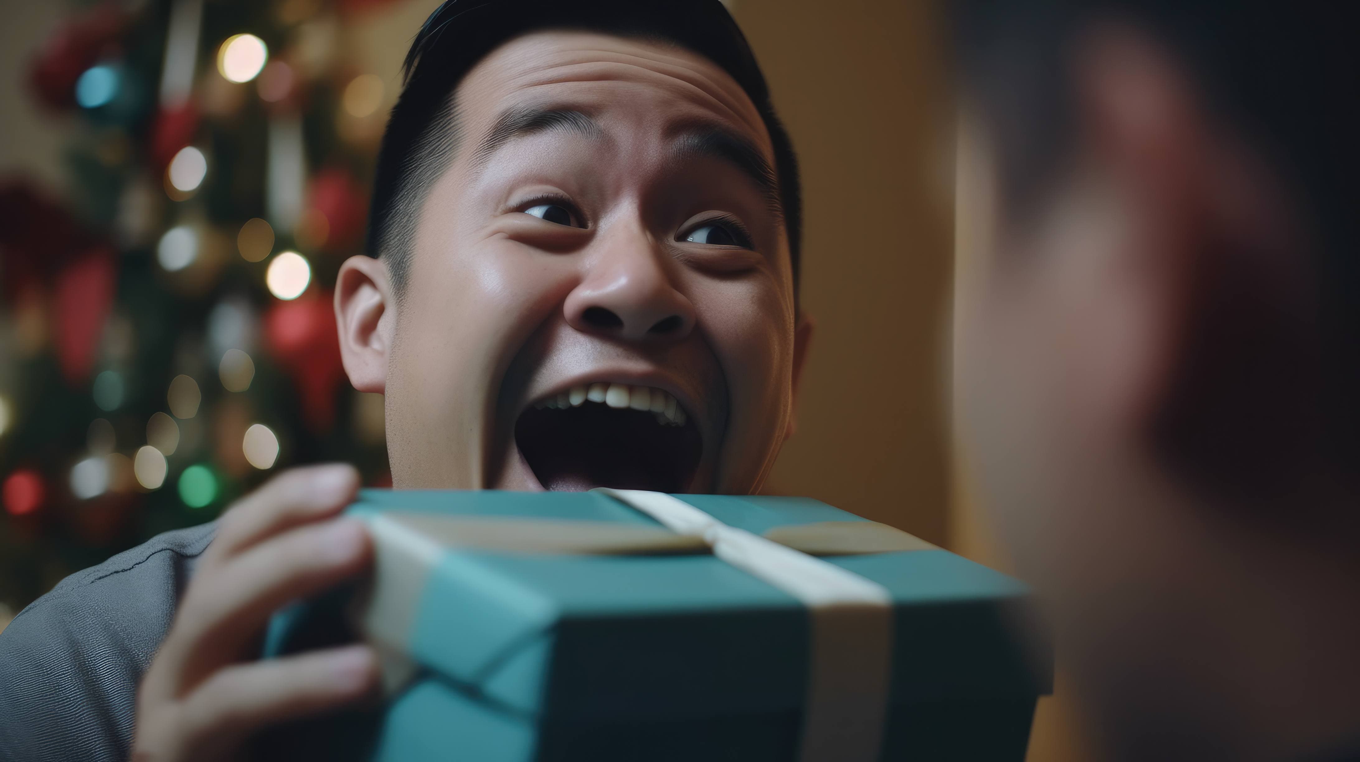 Surprised person opening a gift