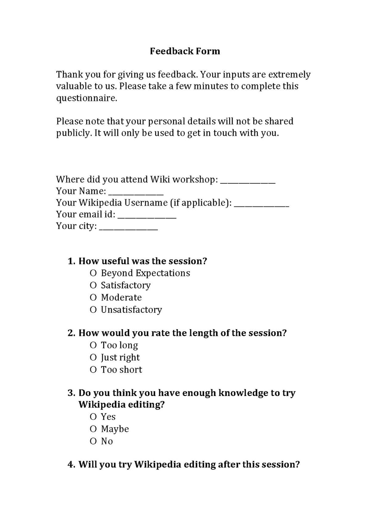 Thank you note with feedback form